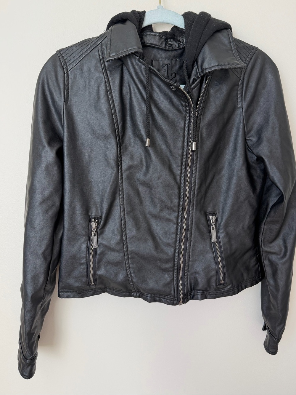 Black Faux Leather Hooded Jacket for Women xs